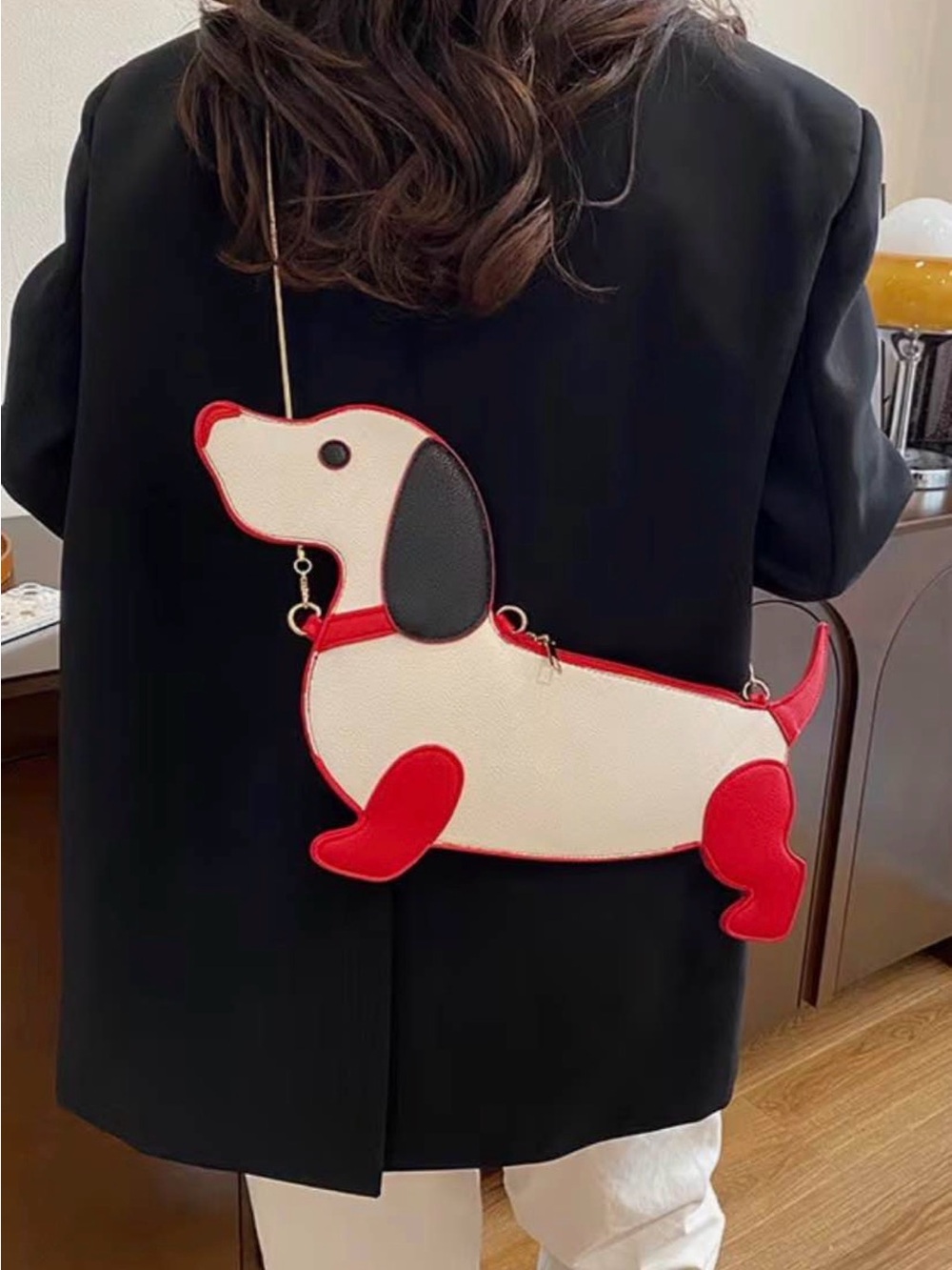 White and Red Leather Dachshund Crossbody Bag